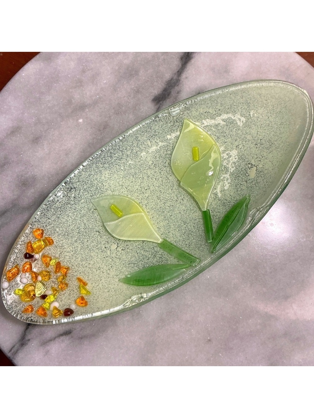 Vibrant Summery Art Deco Murano Fused Glass Calla Lily Trinket Dish 10” x 4.5”